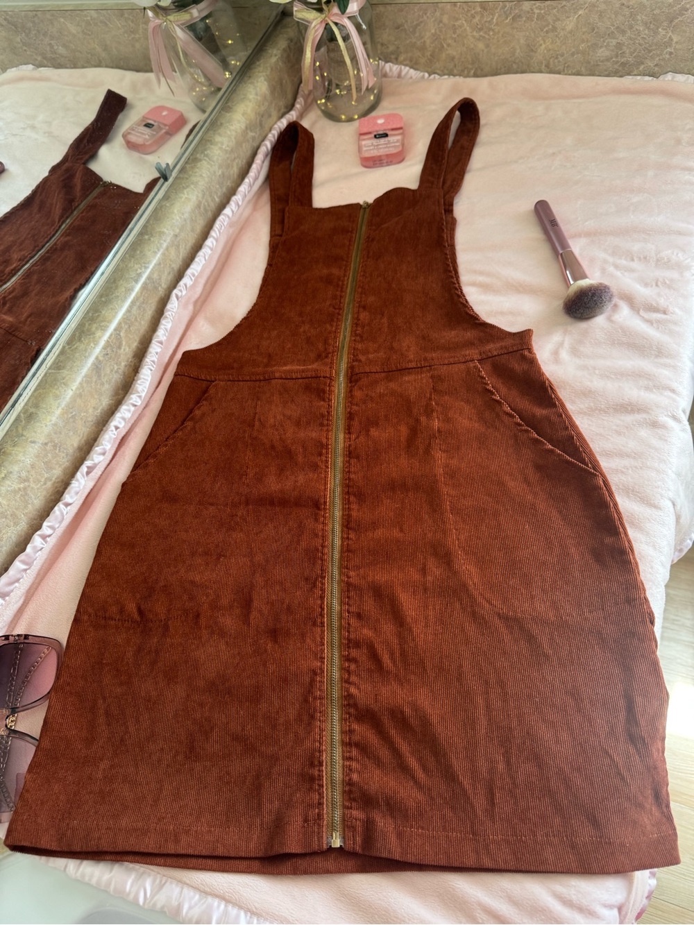 SHEIN Rust Brown Corduroy Pinafore Dress with Front Zip